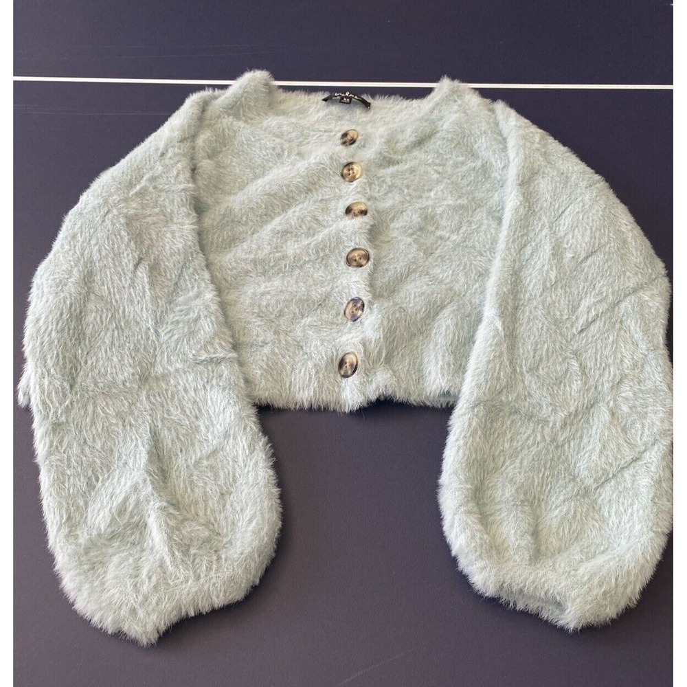 Lulus Crop Sweater Womens Extra Small Teal Soft Fuzzy Oversized Fluffy Y2K - Picture 12 of 12